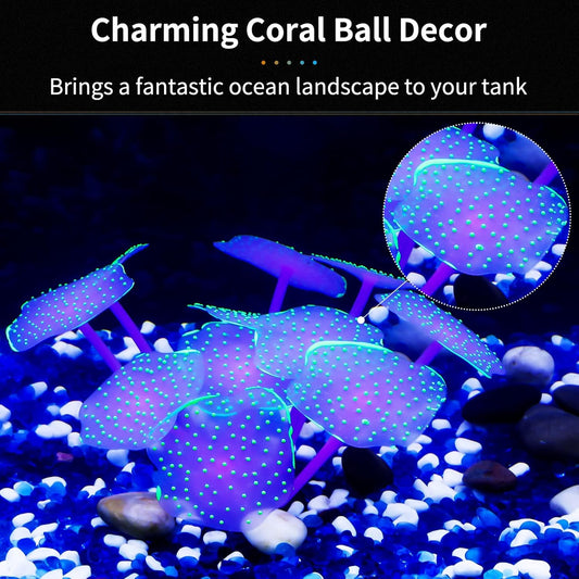 Silicone Coral Plant Decorations Glowing Artificial Ornament for Fish Tank Aquarium, Green, Ball Shape