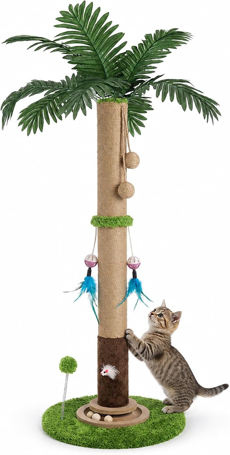 Cat Scratching Post for Indoor Cat Adult, 35 Inch Tall Tree Scratching Post | Sisal Large Cat Scratching Post with Interactive Cat Toy, Mouse Hole & Ball Track for Kittens Cats, Upgrade Suction Cup Base
