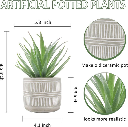 8.5" Fake Succulent Plant in Striped Ceramic Pot for Boho Decor | Small fake plants,sturdy cement planter, eco-friendly,suitable for bathroom bedroom office desk shelf boho decor