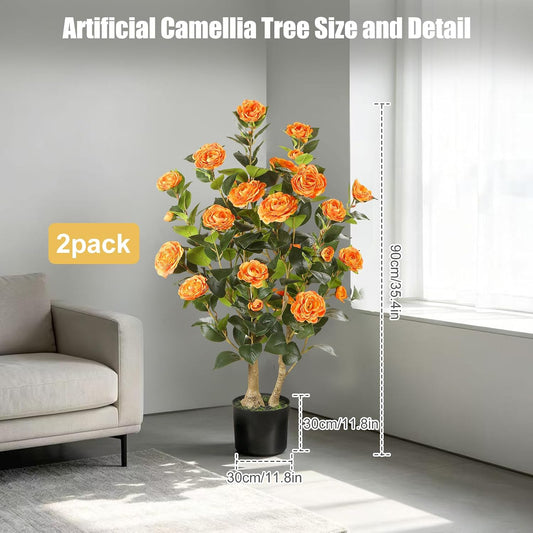 Artificial Camellia Tree 2 Pack, 3FT Faux Camellia Plant with Orange Flowers Lifelike, Faux Greenery for Living Room, Patio, or Wedding