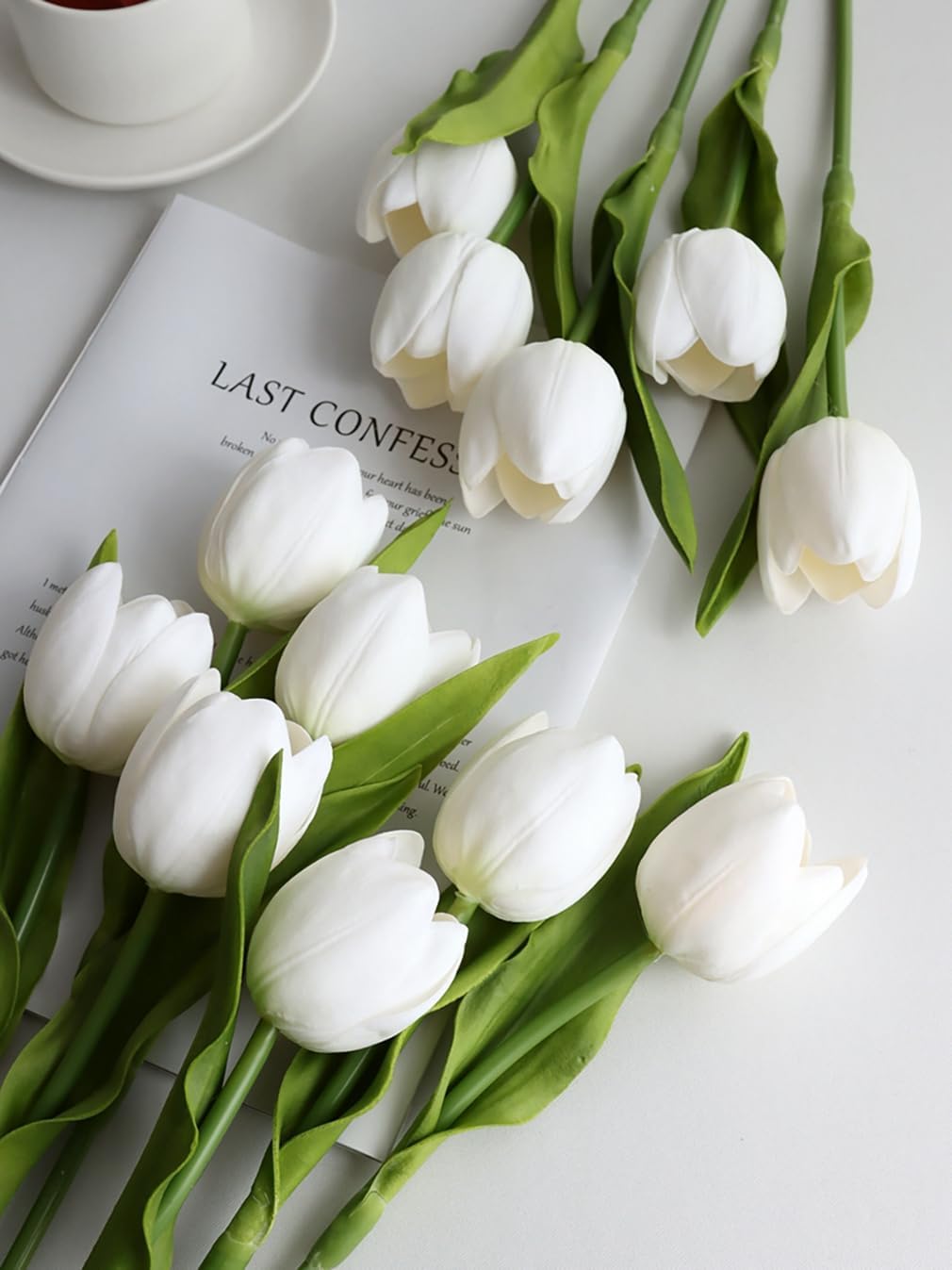 Fake Tulips with Vase,10 White Real Touch Artificial Tulip Arrangement