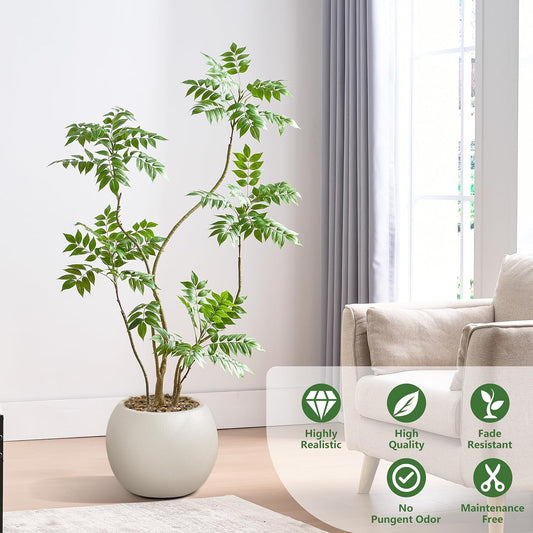 Artificial Mahonia Tree 6FT, Realistic Faux Indoor Tree with White Planter and Decorative Stones, Real-Touch Leaves, Bendable Branches, Tall Fake Floor Plant for Living Room Office Entryway Decor