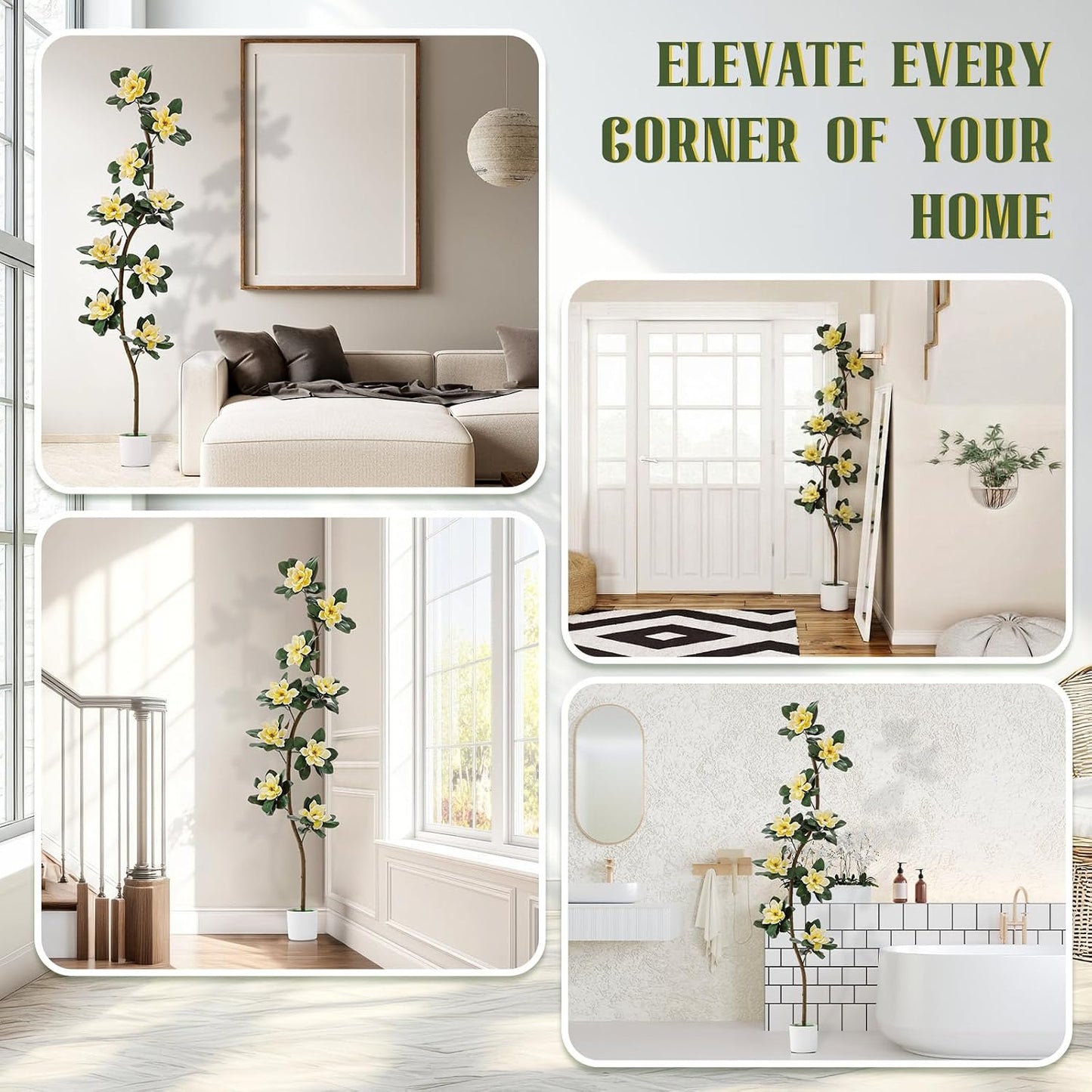 7 ft Artificial Rubber Tree with 9 Magnolia Flowers in Pot Extra Tall Faux Magnolia Tree Fake Plant Indoor Floor Plant for Indoor Living Room Office Home Decor