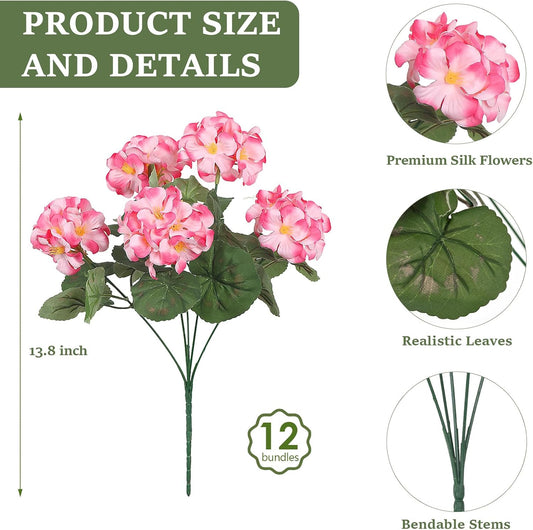 12 Pcs Artificial Flowers for Outdoors, Faux Silk Geraniums Flowers UV Resistant Fake Flowers Outdoor Plants for Front Porch Yard Patio Garden Home Decor (12, Red)