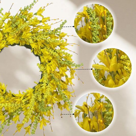 24 Inch Spring Summer Wreath for Front Door – Faux Forsythia Wreath – All-Season Indoor Outdoor Farmhouse Wall Window Porch Wedding Living Room Decor (Yellow)