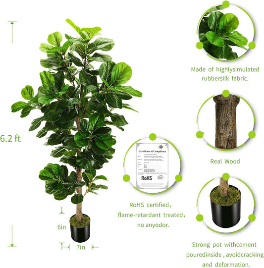 OXLLXO 6ft Artificial Fiddle Leaf Fig Tree (72in) with Plastic Nursery Pot Faux Tree, Ficus Lyrata Fake Plant for Office House Farmhouse Living Room Home Decor (Indoor/Outdoor)