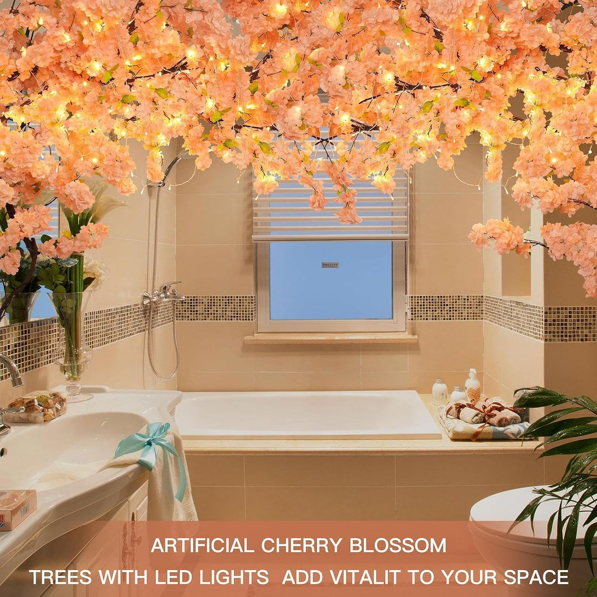 3 Ft 30 Flowers Artificial Cherry Blossoms Trees-Fake Flower Background Wall with Simulated Peach Branch and Rattan Design,Cherry Blossoms Vines-for Indoor Ceiling Air Conditioning Pipe Ornamental