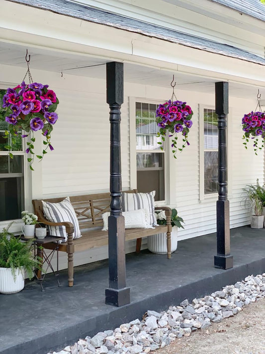 Small Fake Flowers Hanging Basket, Pansy Artificial Flowers, Realistic Silk Spring Bloom Faux Flowers, 5 ⅞’’ Coconut Basket, for Home Farmhouse Balcony Outdoor Patio Garden Decor