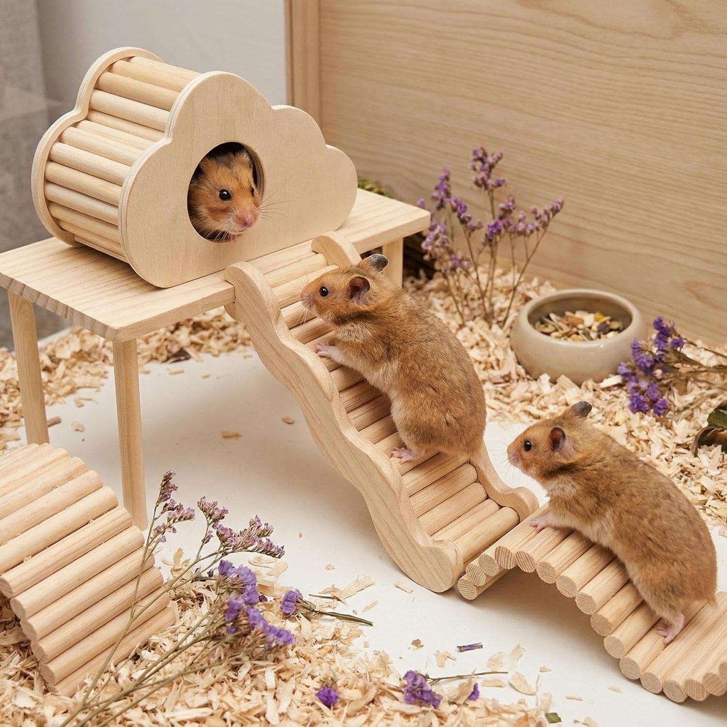 Hamster Platforms Wooden Ladder Bendy Bridge Fence Hidden Play House | Hamster Game Climbing Toy with Platform Decor Cage Accessories for Dwarf Syrian Mice Degus Gerbils Squirrel Small Pets