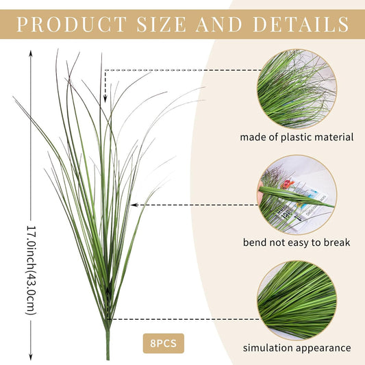 8 Bundles Artificial Plants Onion Grass Outdoor 17 Inch Tall Fake Shrubs Wheat Grass UV Resistant Greenery Stems Faux Bushes Plant for Indoor Outdoor Garden Office Home Decor(Green Red Tail)