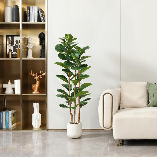 7ft Artificial Fiddle Leaf Fig Tree with White Planter, Tall Fake Tree with 5 Natural Wood Trunk for Home Decor, Faux Ficus Tree Fake Moss for Indoor Office Living Room