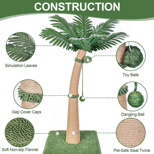 40'' Tall Cat Scratching Post Cat Tree, Curved Design Cat Scratcher Post with 3 Interactive Balls, Natural Sisal Rope Cat Scratching Posts for Indoor Cats Adults Kittens, Multi-Combinable (Style A)