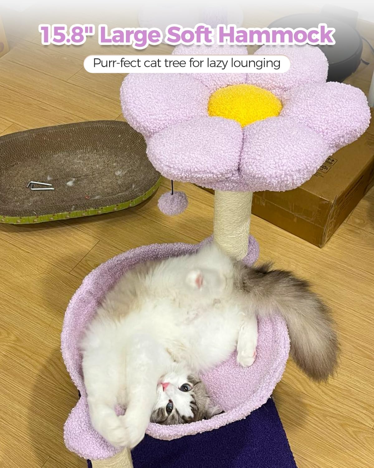28" Flower Cat Tree Cute with Flower Top Perch, Large Hammock for Indoor Small Cats, Small Cat Tower with Cute Scratching Post and Fur Toy Ball for Kittens, Yellow