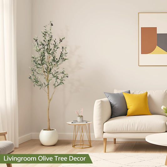 6ft Olive Trees Artificial Indoor with Realistic Appearance | Tall Faux Olive Tree with Natural Trunk, Lifelike Leaves, Sturdy Base - Fake Olive Trees for Modern Home Office Decor