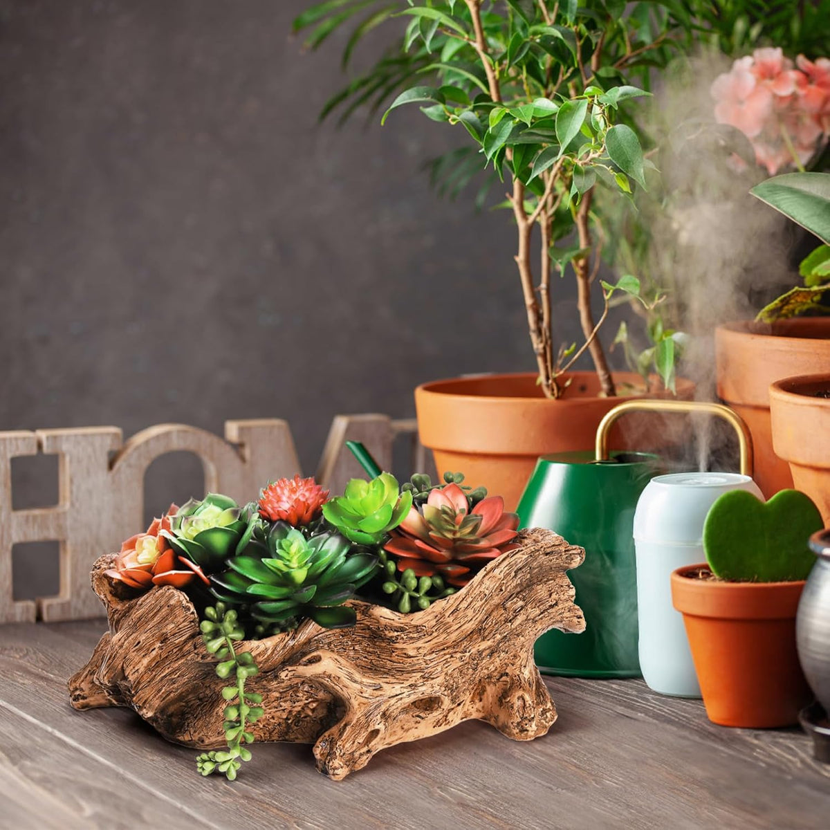 Artificial Driftwood Stump Log Planter Vintage Cactus Container with Drainage Hole, Creative Imitation Sculpture Resin Succulent Flower Pot for Herb, Strawberry, Small Plants