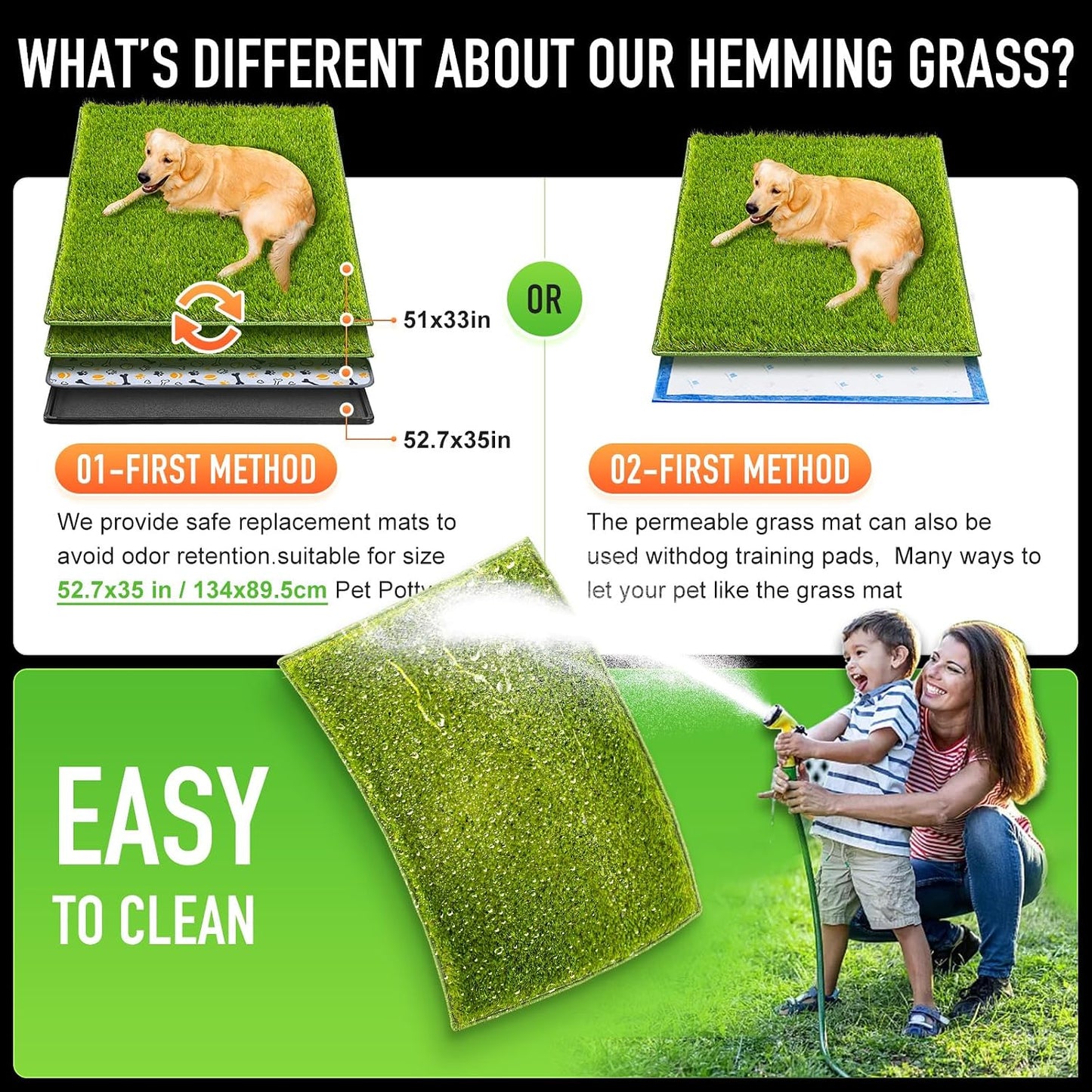 Dog Grass Pad with Tray Large, 41"x27", 2 Reusable Artificial Turf for Dogs Potty, Waterproof Non-Slip Washable Pee Pads, Quickly Absorbency Portable Dog Litter Box for Indoor/Outdoor Use