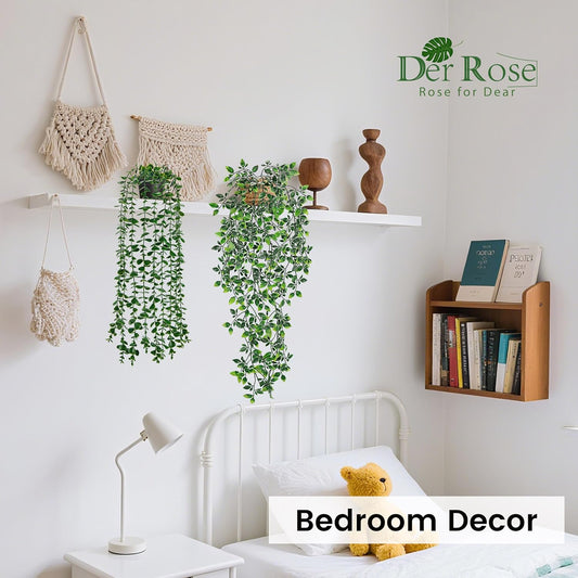 2Pcs Fake Hanging Plants Artificial in White Pots for Office Decor | Artificial hanging plants in two distinct styles add layered texture to bathroom shelf, bookshelf and balcony decor displays