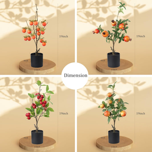 4 PCS Artificial Pomegranate Cherry Plant, Realistic Fruit Tree Branch with Black Pot, 19 Inch Height, 4 Inch Base, Home Decor (4)