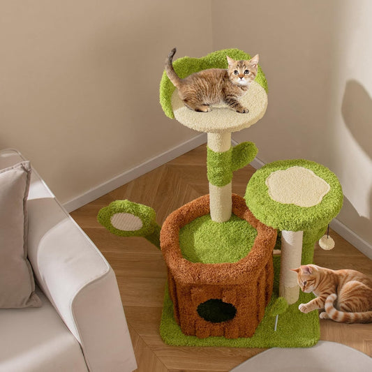 Forest-Themed Multi-Level Cute Cat Tree, 40 Inches Tall with Sisal Scratching Posts, Condo, Dangling Ball, and Spring Toy, Ideal for Indoor Small & Medium Cats (21.5 x 16 x 40 inches)