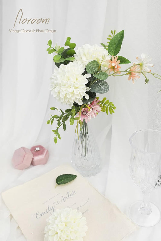 Artificial Dahlia Flowers 25pcs Real Looking Ivory Foam Fake Roses with Stems for DIY Wedding Bouquets White Bridal Shower Centerpieces Floral Arrangements Party Tables Home Decoration