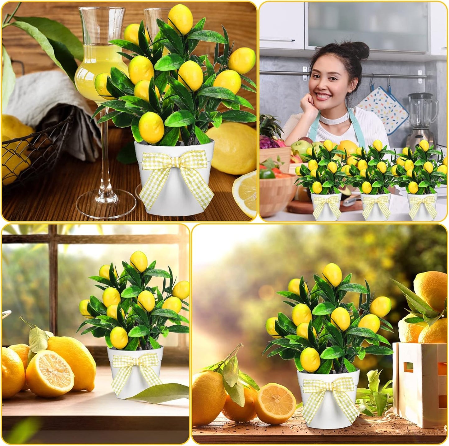 3 Set Summer Fruits Lemon Tiered Tray Decor Artificial Plant Farmhouse Home Decor Mini Fake Etrogplants Mini Vases Tiered Tray Greenery Accessory (Lemon)