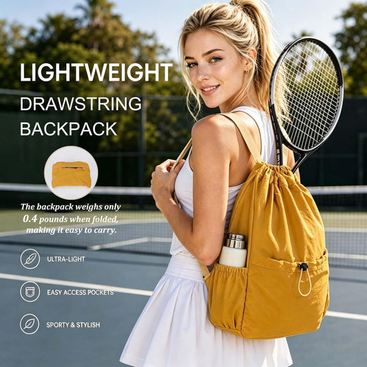 Drawstring Backpack for Women Men,Lightweight Foldable String Bag,Nylon Cinch Bag For Sports Gym Travel (Yellow)
