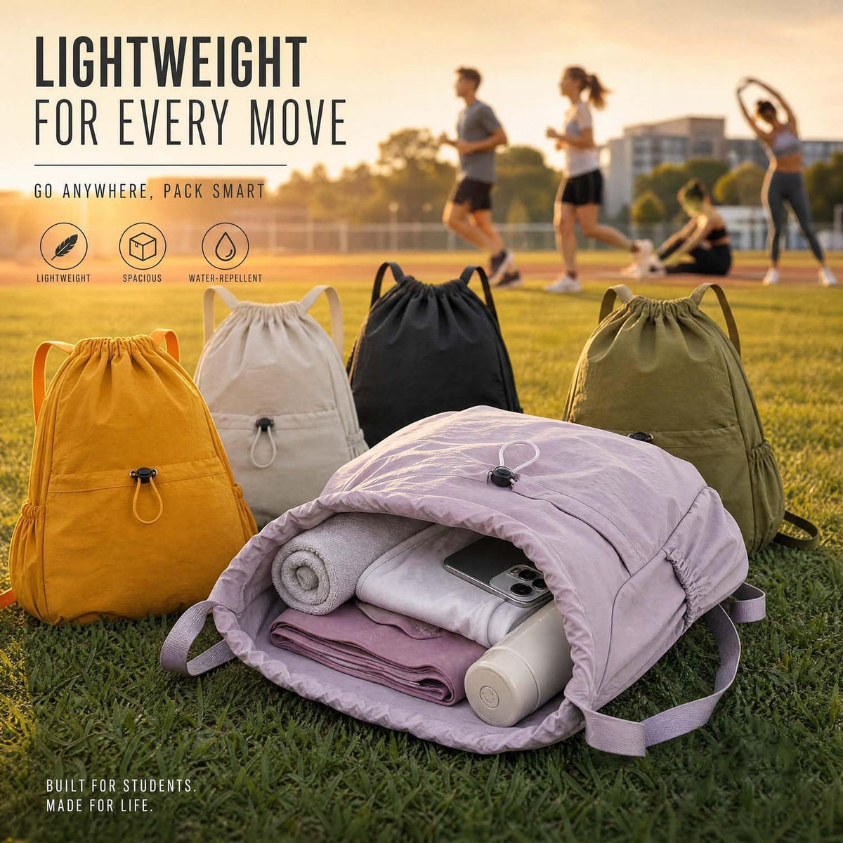Drawstring Backpack for Women Men,Lightweight Foldable String Bag,Nylon Cinch Bag For Sports Gym Travel (Yellow)