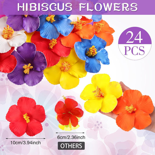 24 Pcs Artificial Hibiscus Flowers Colorful Hawaiian Fake Flowers Faux Tropical Hibiscus Decoration for Luau Summer Party Decor DIY Crafts Cake Favors Supplies Table Centerpieces
