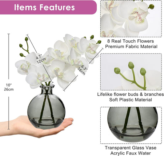 White Orchids Artificial Flowers Faux Orchid Arrangement with Black Glass Vase Set of 2 Real Touch Phalaenopsis Orchid Flowers Orchid Centerpiece for Dining Room Table