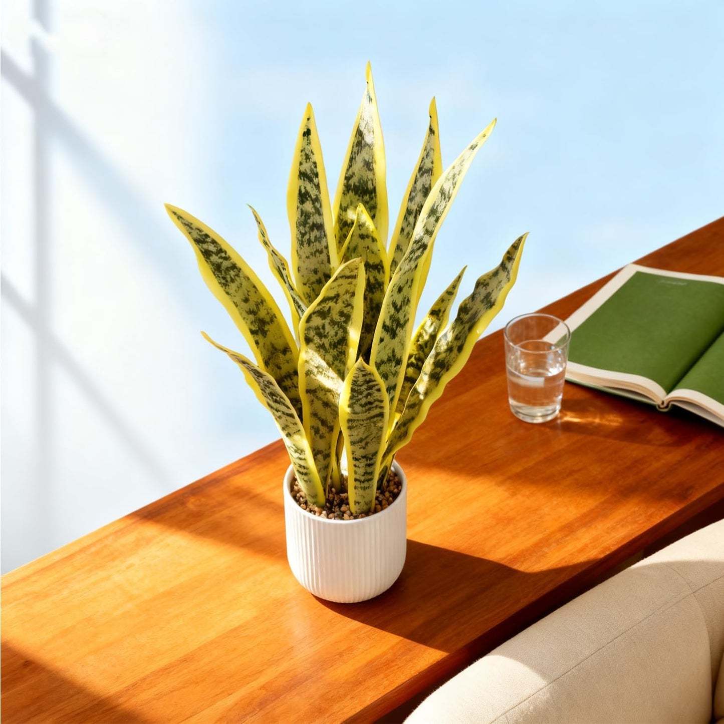 Artificial Realistic Snake Plant 21.5" with White Pot | Fake Sansevieria Greenery Plants Faux Snake Plant for Home Office Living Room Housewarming Gifts Indoor Decor-LightYellow