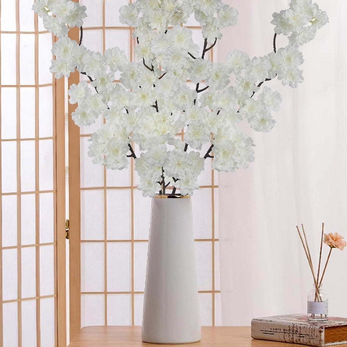 2 Pcs Artificial Cherry Blossom Flowers Branches 41" Faux Cherry Blossom Long Stem Orange Silk Cherry Blossom Tree Tall Fake Flower Arrangement for Home Wedding Centerpieces Fall Indoor Decor