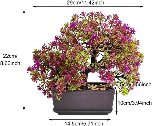 8.66" Artificial Bonsai Tree with Textured Trunk, Broad Canopy and Pebble Base for Bathroom Desk Shelf, Japanese and Zen Decor(Rose Red)