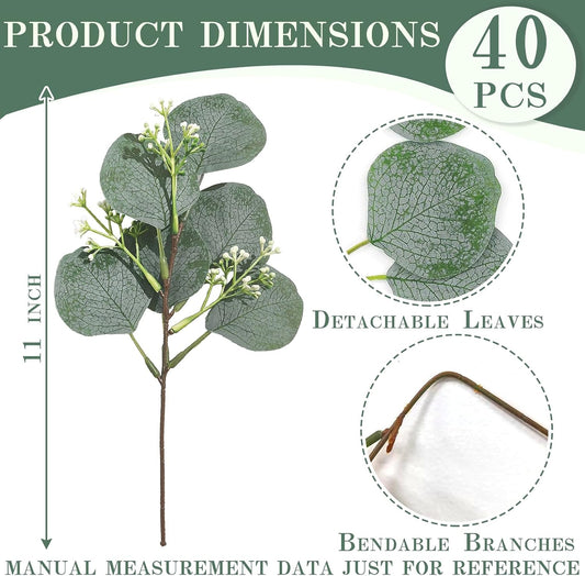 40 Pcs Faux Eucalyptus Leaves Stems Bulk Silver Dollar White Seed Artificial Greenery Stems Fake Sprays Branches for Wedding Table Centerpiece Bouquet Garland Floral Arrangement Home Decor