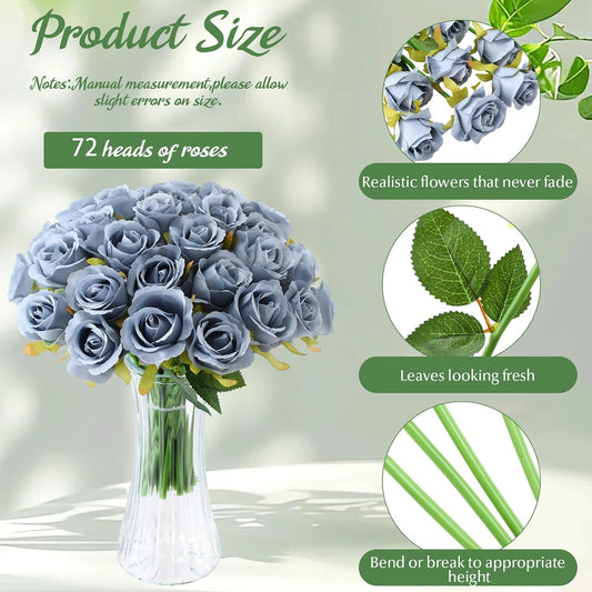 72 Heads Dusty Blue Artificial Rose Flower 6 Bouquet Wedding Decor