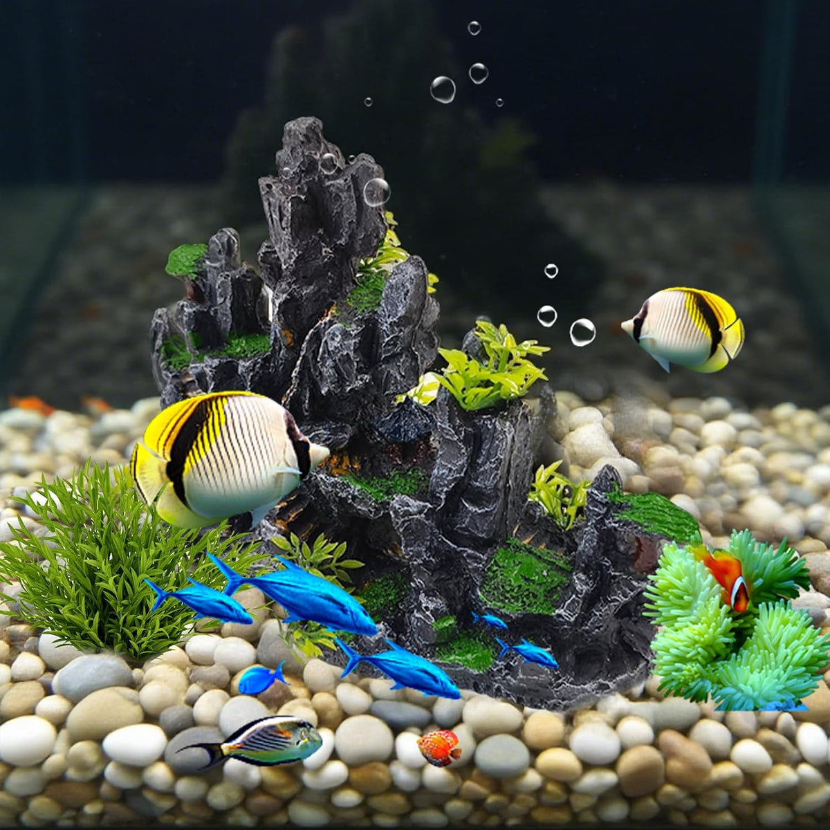 Aquarium Ornaments View Mountain,Fish Tank Decorations Resin Rock Landscape Artificial Stone Aquarium Decor with Plant Cave for Small Fish Shrimp
