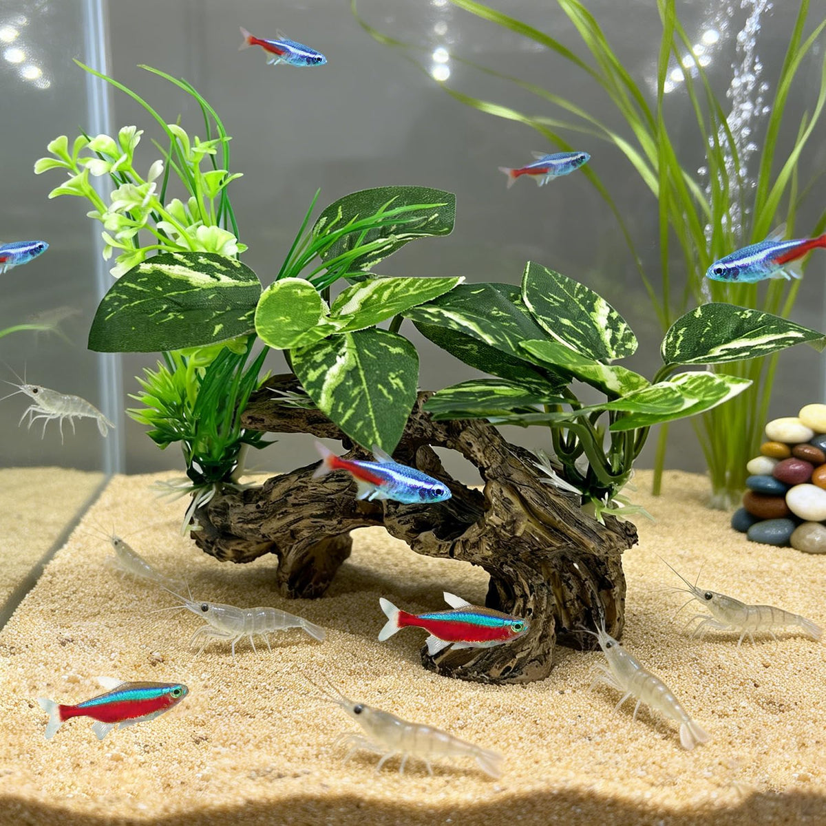 Fish Tank Decor, Artificial Driftwood Cave with Silk Aquarium Plants