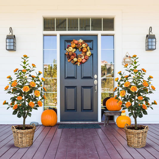 1Pack 4FT Artificial Camellia Trees with 36pcs Flowers in Cement Pots – Lifelike Fake Trees for Front Porch, Home, Indoor Outdoor Spring Decor, Office or Housewarming Gifts (Orange)