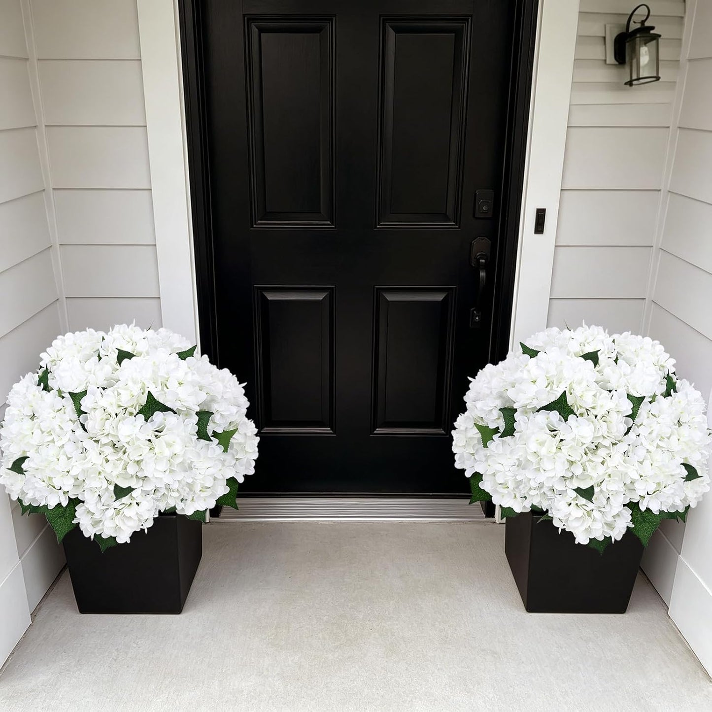 2 Pack Potted Artificial Flowers for Outdoors - Mixed Green | 16 Inch Pre-Assembly Fake Potted Silk Hydrangeas, UV Resistant, Potted Plant for Outside Home Front Door Patio Balcony Decor