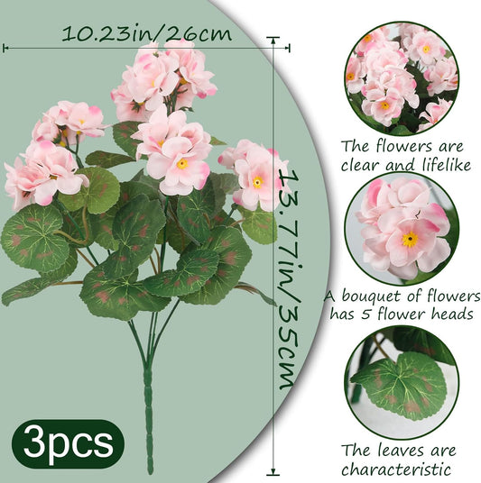 3 Pcs Artificial Geraniums Flowers Silk Geraniums for Outdoors UV Resistant Pink Artificial Geranium Bush Faux Flowers Plant for Planter Garden Home Decor Indoor Patio Vase Table Centerpiece