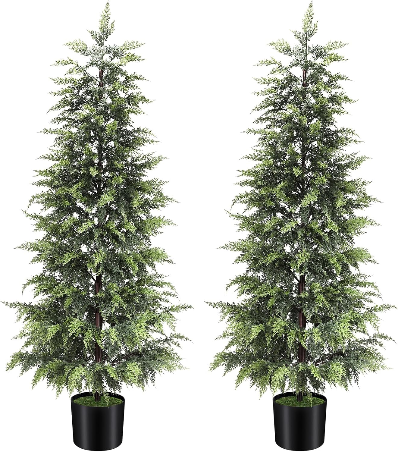 Outdoor Artificial Topiary Cedar Tree Real Touch Faux Pine Evergreen Shrub Plant UV Resistant Greenery Tree with Pot Realistic Cypress Front Porch Decor (5FT-2Pack)