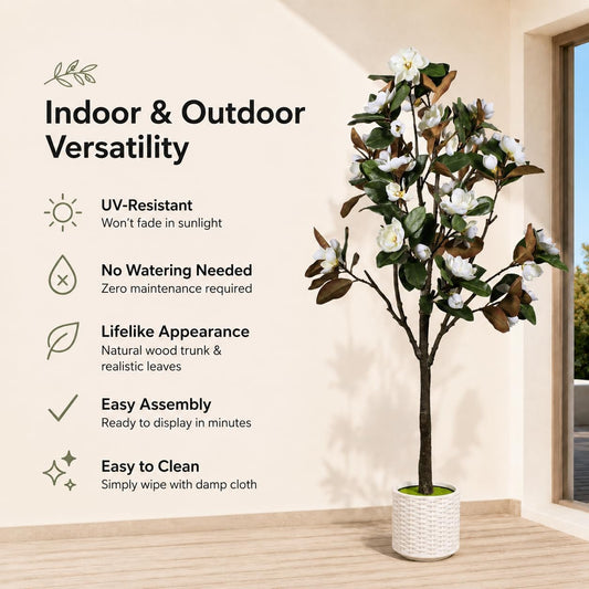 6ft Faux Magnolia Flower Tree Indoor Artificial White Floral Tree with Easy Plug-in Assembly, Realistic Large Fake Greenery Floor Plant for Modern Farmhouse Home Corner Office Decor