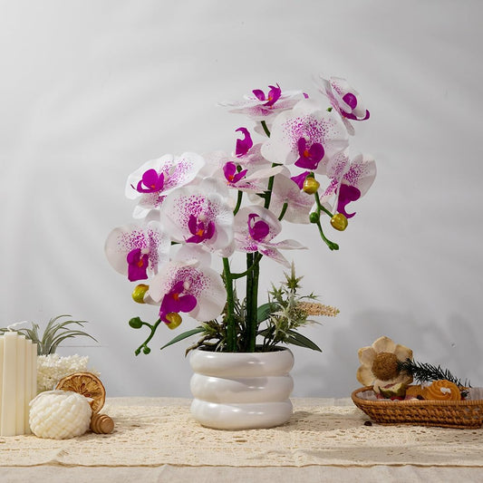 Artificial Orchids Flowers with Vase for Table Centerpieces, Real Touch Faux White Orchid Phalaenopsis in Ceramic Vase for Home Wedding Kitchen Decoration (White, Purple)