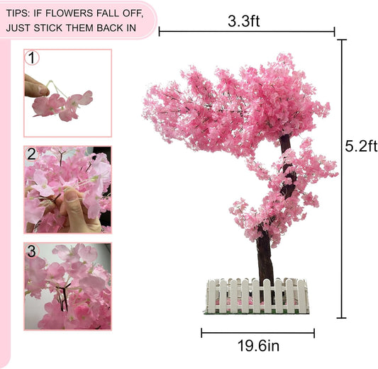 5ft Cherry Blossom Tree Artificial for Wedding & Home Decoration | Free Standing Handmade Fake Japanese Pink Flower Trees with LED Lights, for Indoor Outdoor Party Decor