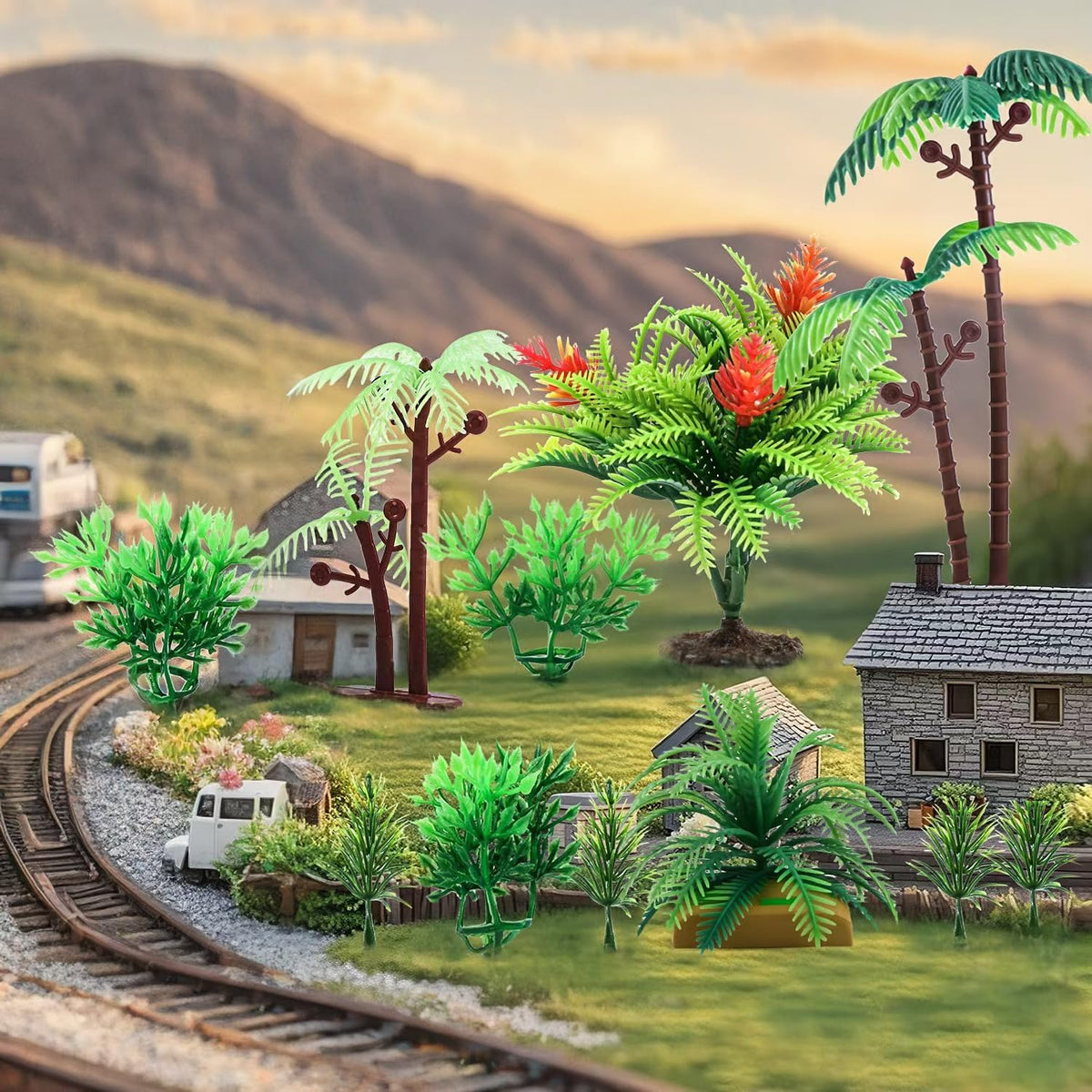 7Pcs Artificial Stump Rocks, Mini Stone Tree Statue Figurines Ornaments for Micro Train Landscape Railway Desert Sand Animal Table Diorama Accessory Garden Decoration