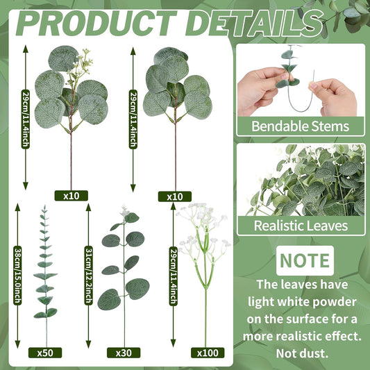 200 Pcs 5 Kinds Mixed Artificial Eucalyptus Leaves Stems Bulk Babys Breath Eucalyptus Bundle Faux Plants Greenery for DIY Bouquets Floral Arrangement Wedding Engagement Party Decor