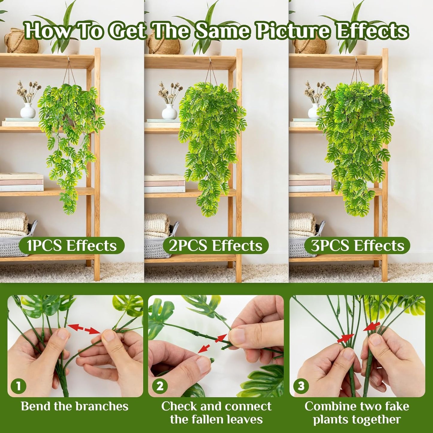3PCS Fake Hanging Plants - 27.5" Uv Resistant Artificial Monstera Vines with 69 Ivy Leaves, Faux Monstera Plant for Wall Shelf Room Patio Garden Wedding Hawaiian Jungle Themed Party Decro