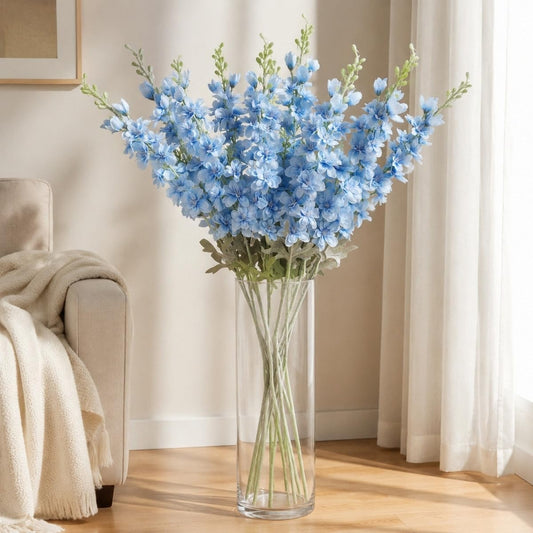 8PCS Blue Delphinium Artificial Flowers Larkspur Fake Flowers 33.5in Long Stem Faux Silk Flowers Bulk for Tall Vase for Home Wedding Floral Arrangement Centerpiece Table Decorations (Baby Blue)