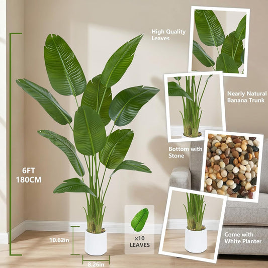 Bird of Paradise Artificial Tree, 6Ft Tall Faux Plant, Fake Banana Leaf Plant Indoor, Faux Palm Tree Faux Floor Plants Tropical Tree in Pot, Present for Friend Housewarming Decor