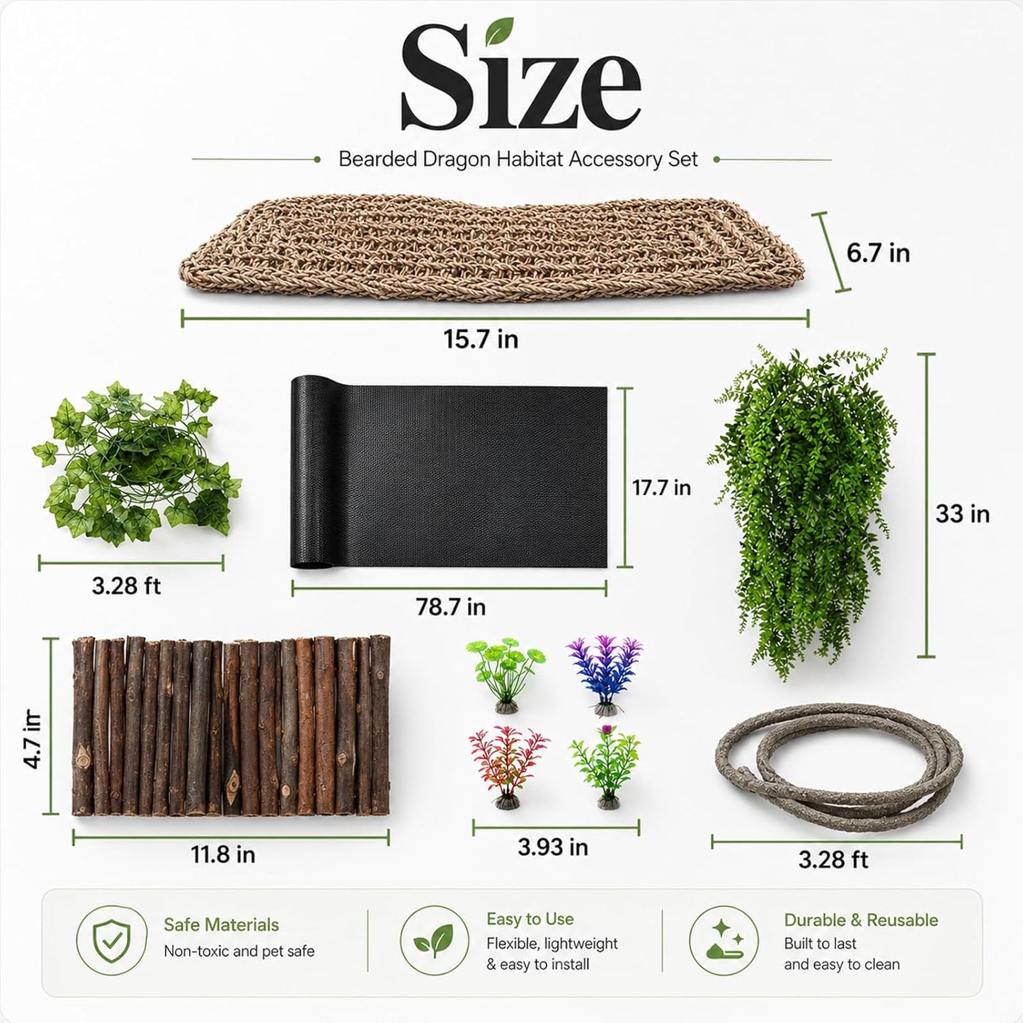Bearded Dragon Tank Accessories, Reptile Mat Bridge Hammock Flexible - Jungle Climbing Vines and Leaves with Suction Cups Habitat Décor for Hiding& Climbing Snake Gecko Lizard Chameleon