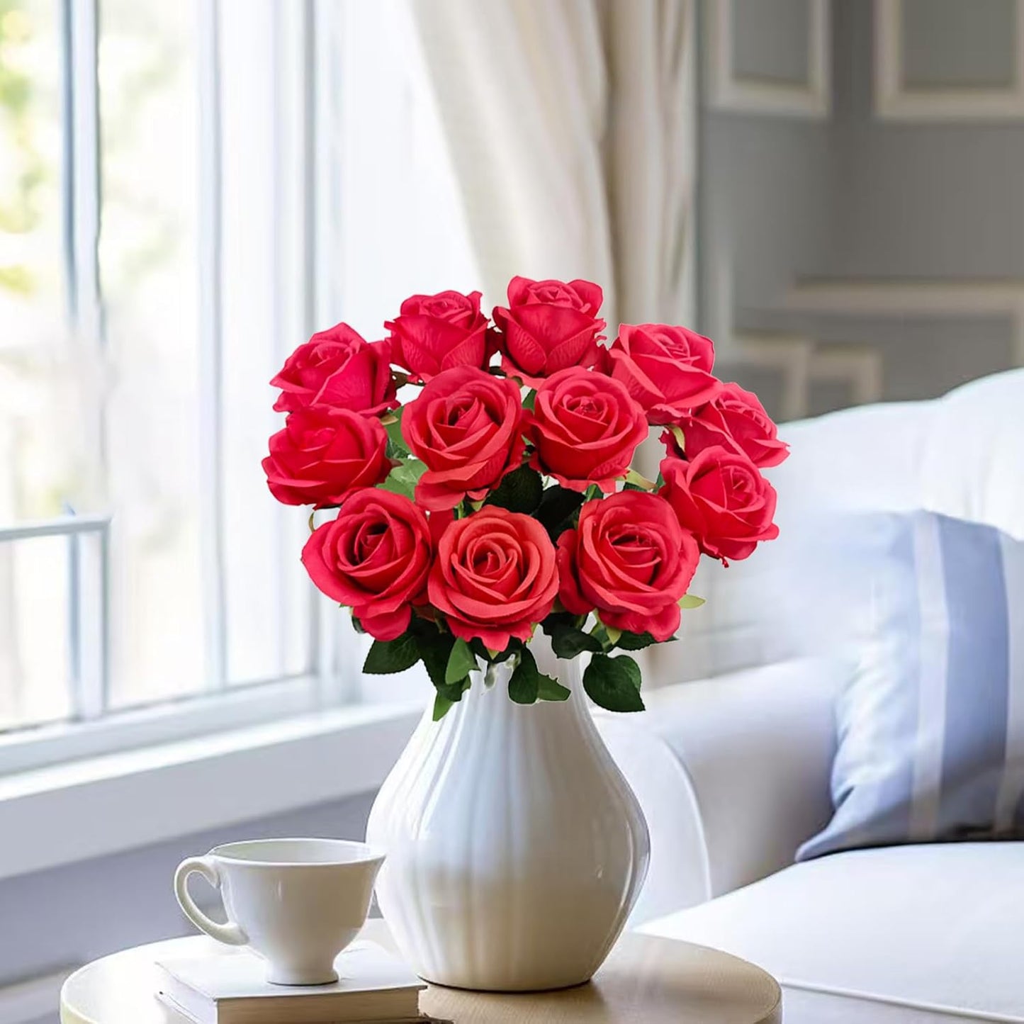 12PCS Fake Red Roses Artificial Red Flowers Bulk, Silk Faux Roses with Stems for Wedding Centerpieces Bridal Bouquets Home Decor Party Floral Arrangements